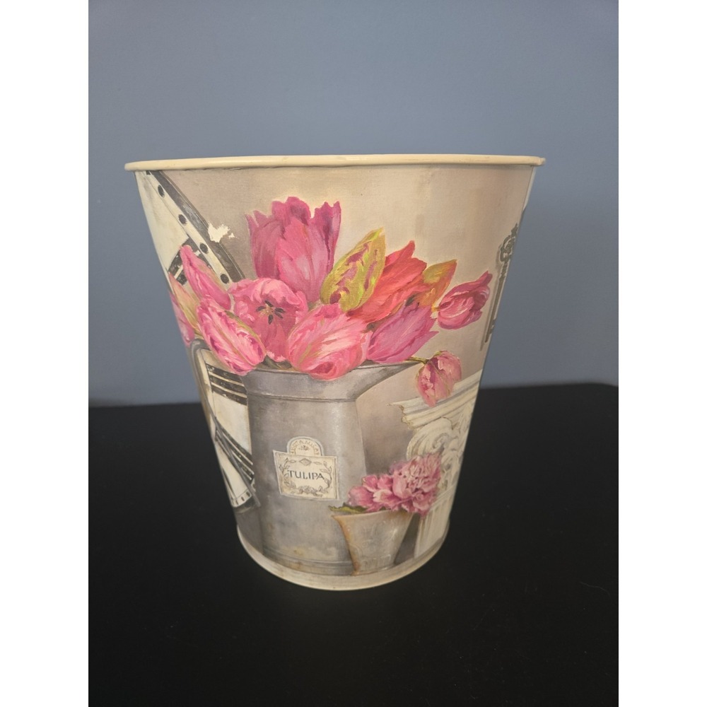 Vintage Pink Floral  Wastebasket Trash Can Shabby‎ Cottage Chic
